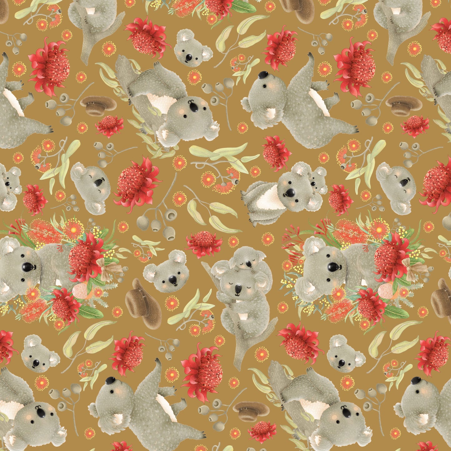 Jen Digital Art - Koalas Joeys Australia Wildflowers (brown)
