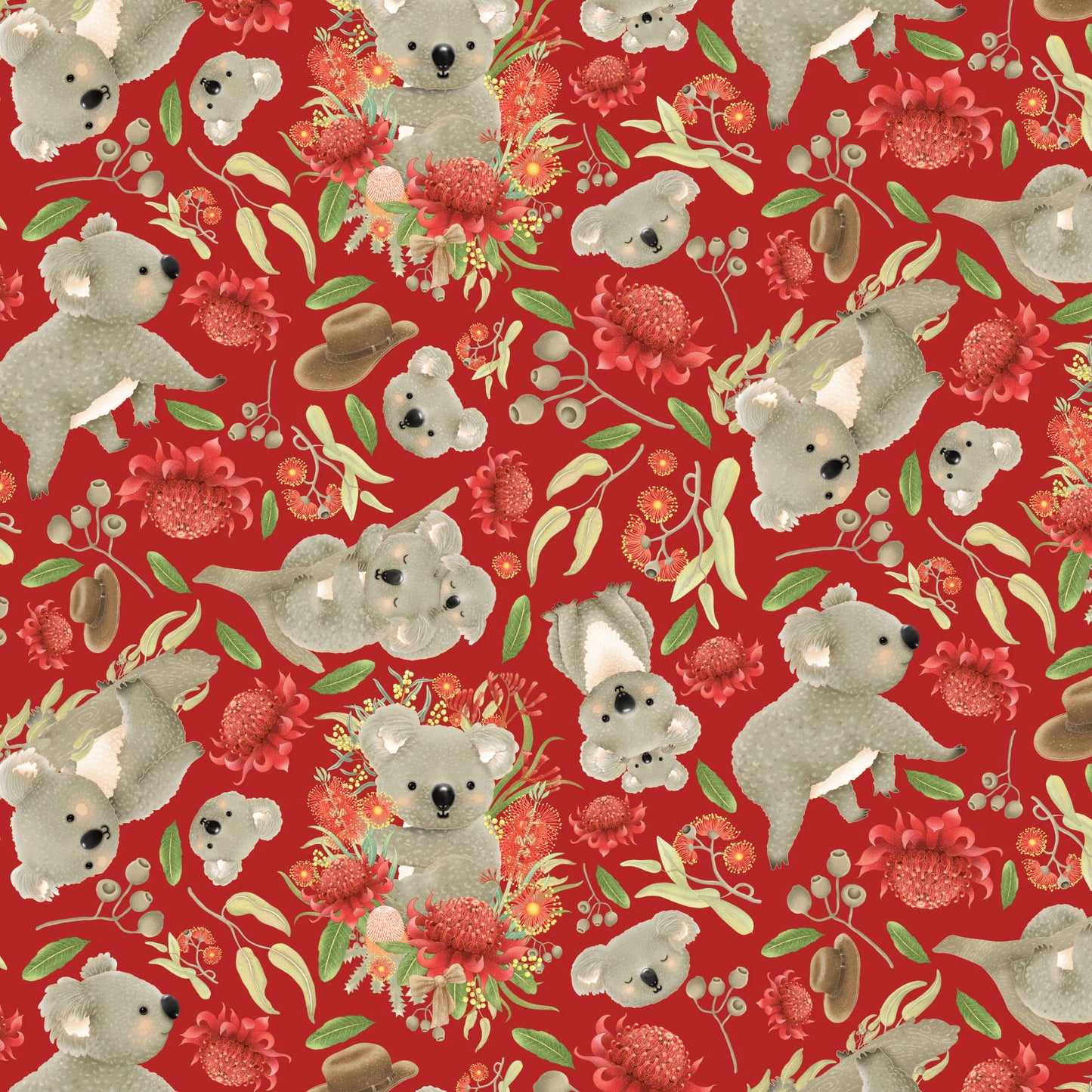 Jen Digital Art Christmas - Koala, Joeys and Aussie Flowers – Red