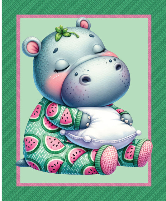 Bed Buds Sleepy Baby Hippo Cotton Quilting Fabric Panel