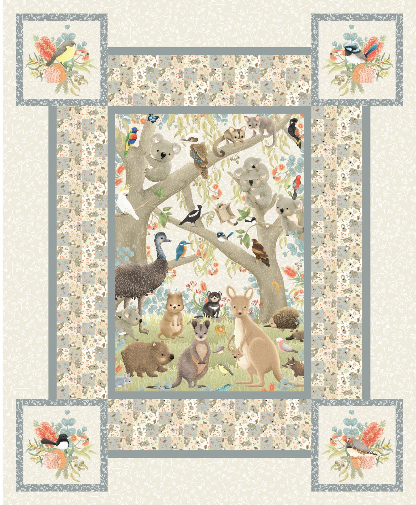 Australian Animals - Jen Digital Art Devonstone Cotton Fabric Panel