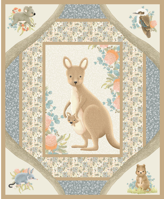 Kangaroo and Joey - Jen Digital Art Devonstone Cotton Fabric Panel