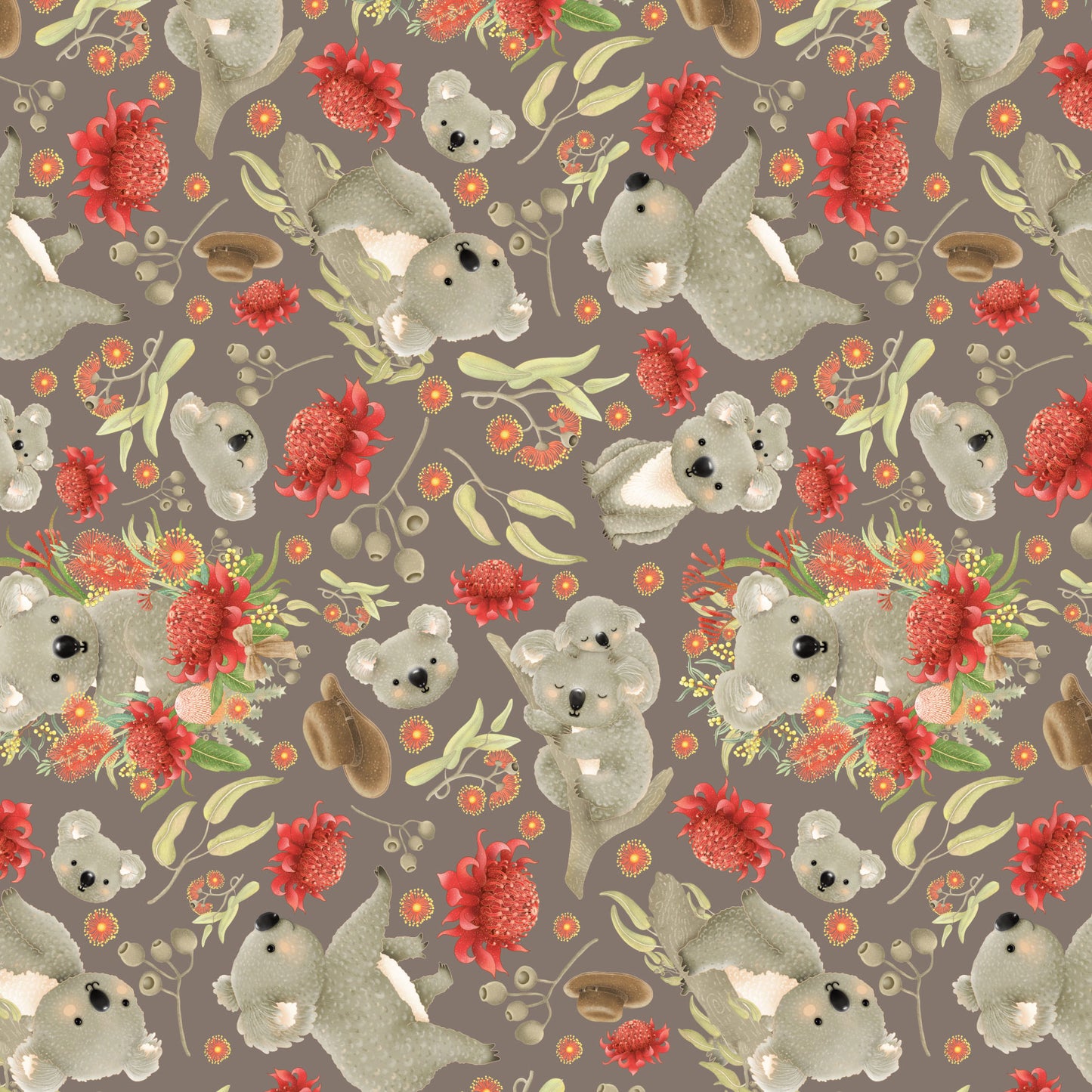 Jen Digital Art  - Koalas Joeys Australia Wildflowers (grey)