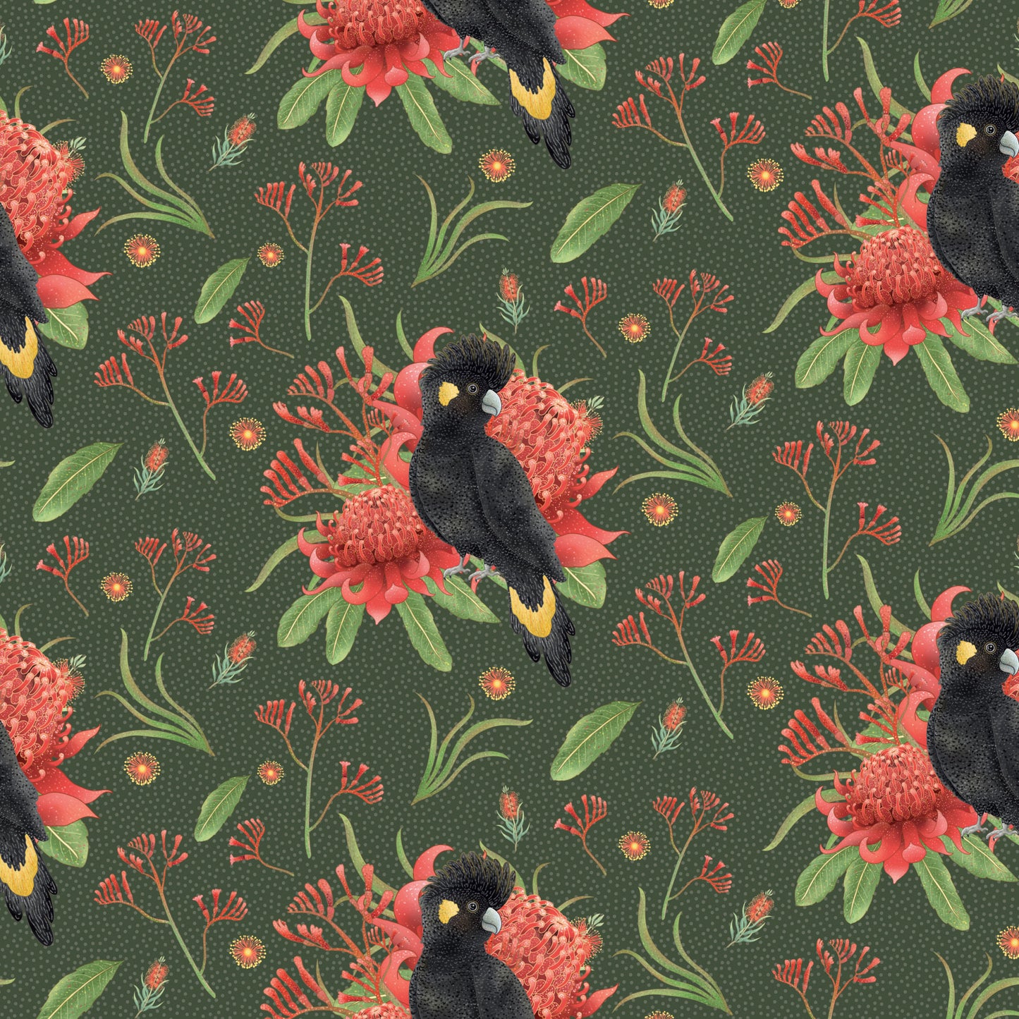Jen Digital Art Christmas - Black Cockatoos and Aussie Flowers – Green