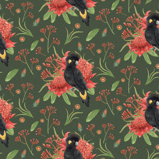 Jen Digital Art Christmas - Black Cockatoos and Aussie Flowers – Green