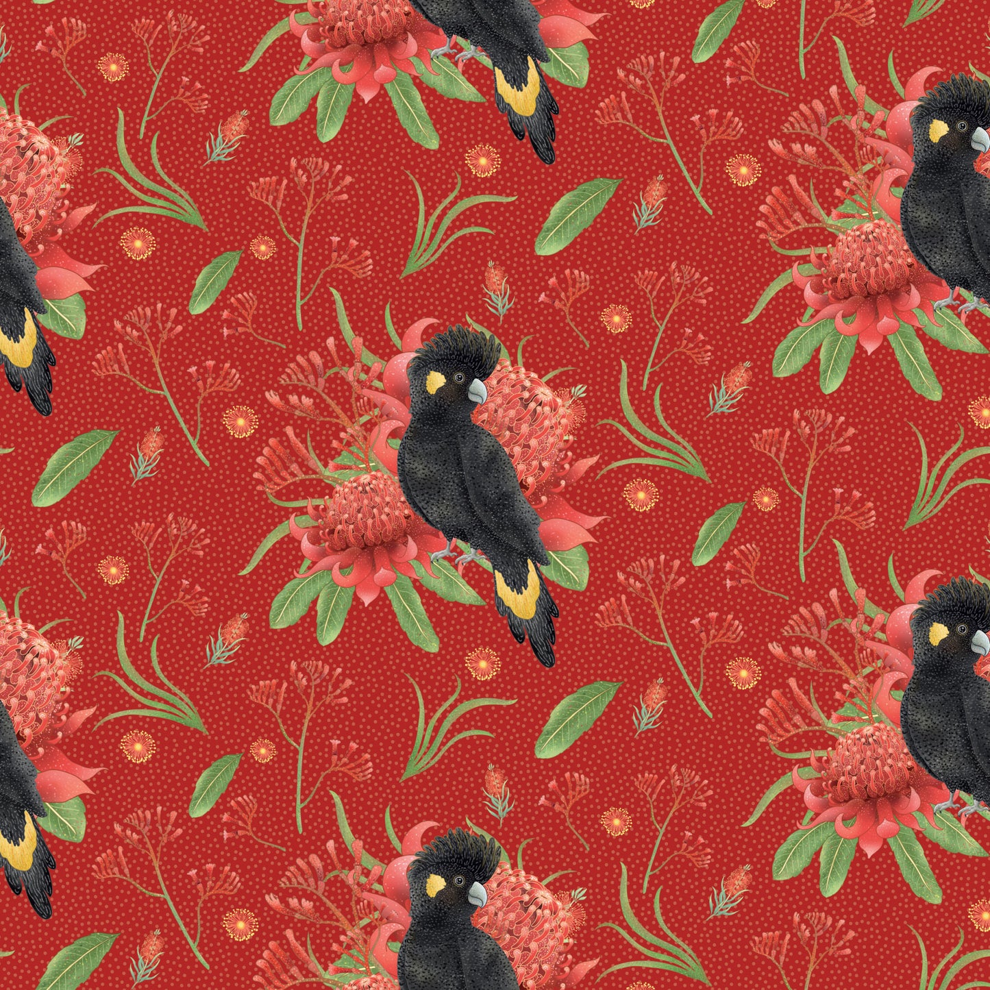 Jen Digital Art Christmas - Black Cockatoos and Aussie Flowers – Red